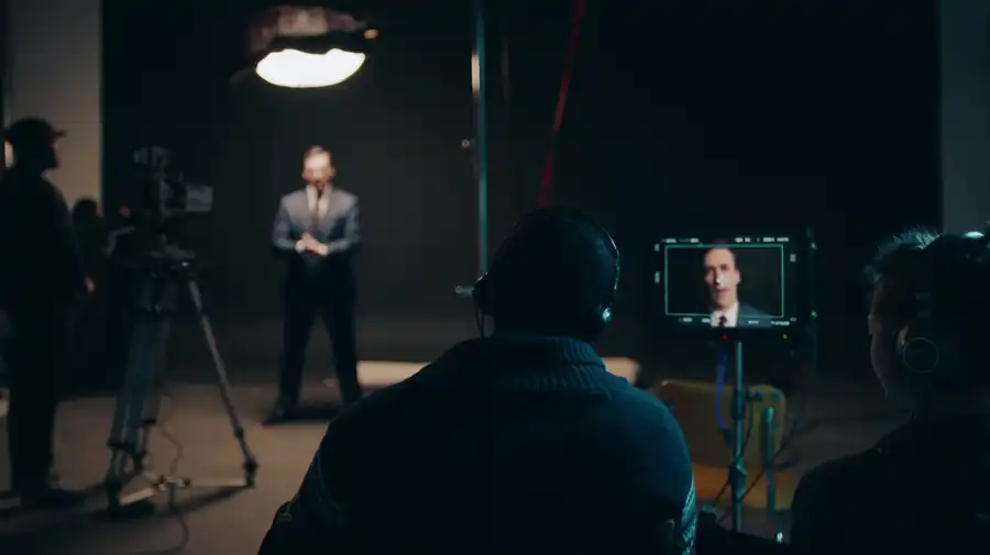 A filmmaker watching a subject on the monitor, the subject standing in the light beyond